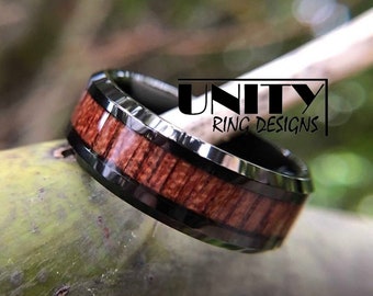 Koa Ring, Black Tungsten Ring, Hawaiian Wood Ring, Polish Black Ring, Wood Engagement Ring, Wedding Ring, Ring for Men, By UnityRingDesigns