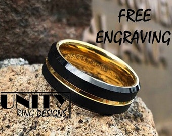 BLACK GOLD TUNGSTEN Ring, Tungsten Ring Men , Wedding Band Mens, Mens Tungsten Wedding Band, Mens Tungsten Ring, Mens Ring, Free Engraving