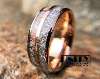 DEER ANTLER METEORITE Tungsten Ring, Rose Gold Copper Tungsten Ring, Mens Tungsten Wedding Bands, Mens Tungsten Ring, Free Priority Shipping