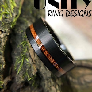 Koa Ring, Black Tungsten Ring, Hawaiian Wood Ring, Matte Black Ring, Wood Engagement Ring, Wedding Ring, Ring for Men, By UnityRingDesigns