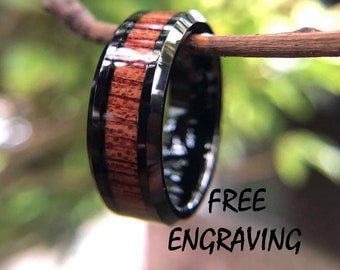 KOA WOOD HAWAIIAN Ring, Black Tungsten Ring, Polished Black Ring, Wood Engagement Ring, Wedding Band, Tungsten Ring Men, Free Engraving