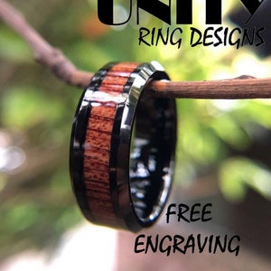KOA WOOD HAWAIIAN Ring, Black Tungsten Ring, Polished Black Ring, Wood Engagement Ring, Wedding Band, Tungsten Ring Men, Free Engraving