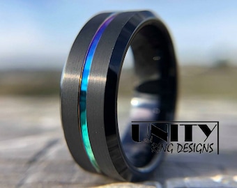 Tungsten Ring Black Oil Slick NEOchrome Rainbow Thin Line 8mm 6mm Wedding Band Engagement Ring, Rings for Men & Women, By UnityRingDesigns