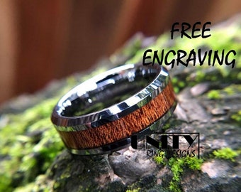 KOA WOOD, Silver Tungsten Ring, Hawaiian Wood Ring, Polish Silver Ring, Wood Engagement Ring, Wedding Ring, Ring for Men, Free Engraving