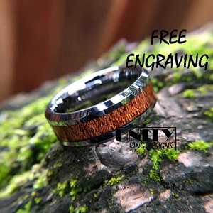 KOA WOOD, Silver Tungsten Ring, Hawaiian Wood Ring, Polish Silver Ring, Wood Engagement Ring, Wedding Ring, Ring for Men, Free Engraving