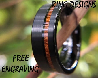 KOA WOOD Ring, Black Tungsten Ring, Hawaiian Wood Ring, Brushed Black Ring, Tungsten Ring Men , Wedding Ring, Ring for Men, Free Engraving