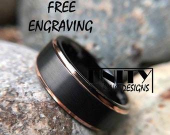 BLACK ROSE GOLD Edge Tungsten Ring, Two Tone, Mens Tungsten Wedding Band, Tungsten Ring Men, Wedding Band Mens, Mens Ring, Free Engraving