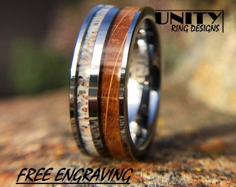 DEER ANTLER WHISKEY Barrel Wood Tungsten Ring, 8mm Whisky Wood Silver Polished Ring, Mens Tungsten Wedding Bands, Fast Priority Shipping