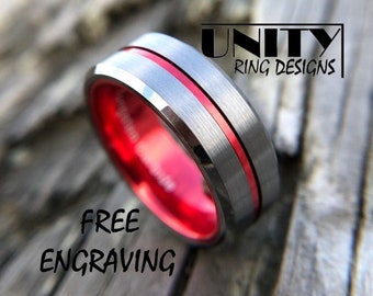 THIN RED LINE Tungsten Ring, Silver Never Scratch, Men's Tungsten Wedding Band, Firefighters Ring, Mens Ring, Free Engraving