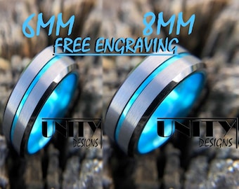 SILVER Tungsten Ring, Blue Thin Line Tungsten Ring, Silver Tungsten Ring, Men Tungsten Wedding Band, Police Officer, Free Engraving