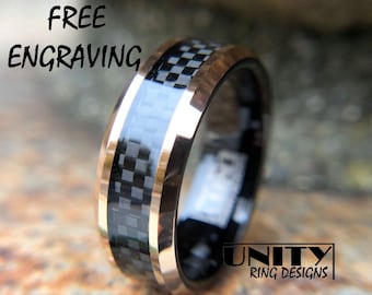 ROSE Gold BLACK CARBON Fiber Tungsten Ring, Tungsten Ring, Mens Tungsten Wedding Band, Mens Tungsten, Mens Ring, Free Engraving