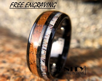DEER ANTLER WHISKEY Barrel Tungsten Ring, 8mm Wood Ring, Gunmetal Black Tungsten Ring, Mens Tungsten Wedding Bands, Fast Priority Shipping