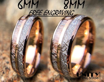 DEER ANTLER METEORITE Tungsten Ring, Rose Gold Copper Tungsten Ring, Mens Tungsten Wedding Bands, Mens Tungsten Ring, Free Priority Shipping