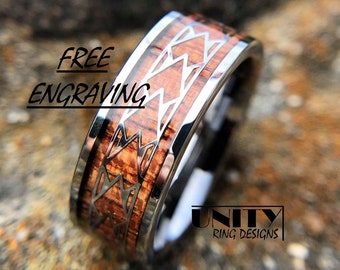 KOA WOOD HAWAIIAN Wood Tungsten Ring , Spearhead Silver Ring, Mens Wedding Bands, Mens Tungsten Ring, Fast & Free Priority Shipping
