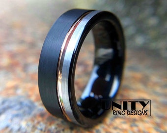 BLACK SILVER Brushed Rose GOLD Line Tungsten Ring, Tungsten Ring, Mens Tungsten Wedding Band, Mens Ring Tungsten, Free Engraving