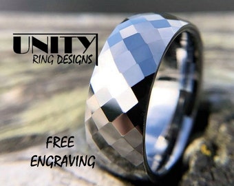 SILVER Ring Tungsten 8MM, DIAMOND Cut, Never Scratch, Tungsten Ring, Tungsten Wedding Band, Tungsten, Ring, Womens Ring, Free Engraving