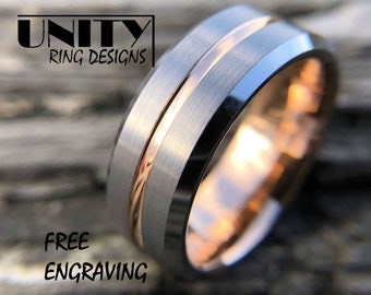 ROSE GOLD COPPER Tungsten Ring, Never Scratch, Silver Tungsten Ring, Wedding Band Mens, Tungsten Ring Mens Womens, Free Engraving