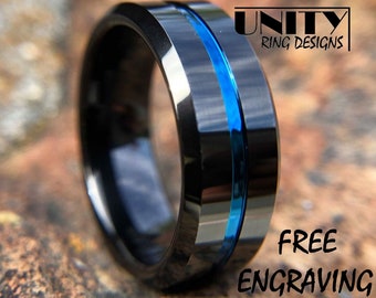 BLACK and BLUE Tungsten Ring, Blue Thin Line Tungsten Ring, Black Tungsten Ring, Men Tungsten Wedding Band, Police Officer, Free Engraving