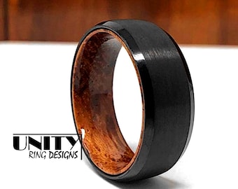 Men's Wedding Ring, Black Tungsten Wood Ring Lined with Rosewood, Mens Wedding Band, Wood Ring, Real Wood Ring by Unity Ring Designs