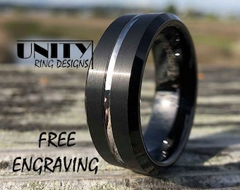 BLACK and SILVER Tungsten Ring, Silver White Thin Line Tungsten Ring, Mens Tungsten Wedding Band, Mens Tungsten Ring, FREE Engraving