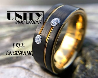 BLACK GOLD Tungsten Ring, Diamond Ring Inlay, Two Tone Ring, Mens Wedding Band, Mens Tungsten Ring, Wedding Ring, Free Engraving