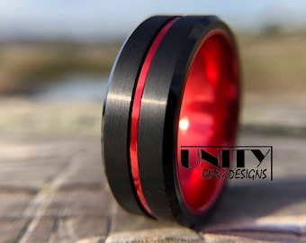 Tungsten Ring Black and Red Thin Line Firefighters 8mm 6mm Wedding Band Comfort - Engagement Ring, Rings for Men & Women,By UnityRingDesigns