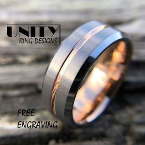 ROSE GOLD COPPER Tungsten Ring, Never Scratch, Silver Tungsten Ring, Wedding Band Mens, Tungsten Ring Mens Womens, Free Engraving image 1