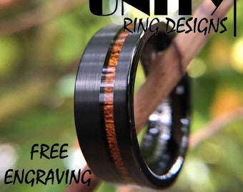 THE FOUNDER: Hawaiian KOA wood Black Brushed Tungsten Ring with Free Engraving 1-Year Warranty