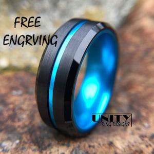 Black Blue Tungsten Ring, BLUE THIN LINE Tungsten Ring, Black Tungsten Ring, Men Tungsten Wedding Band, Police Officer, By Unity Ring Design