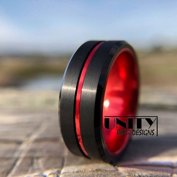 Tungsten Ring Black and Red Thin Line Firefighters 8mm 6mm Wedding Band Comfort - Engagement Ring, Rings for Men & Women,By UnityRingDesigns