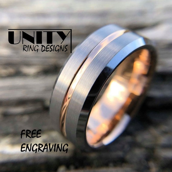 Rose Gold Copper Tungsten Ring NEVER SCRATCH Silver Tungsten Ring Tungsten Wedding Band Mens Womens Tungsten Ring By Unity Ring Designs