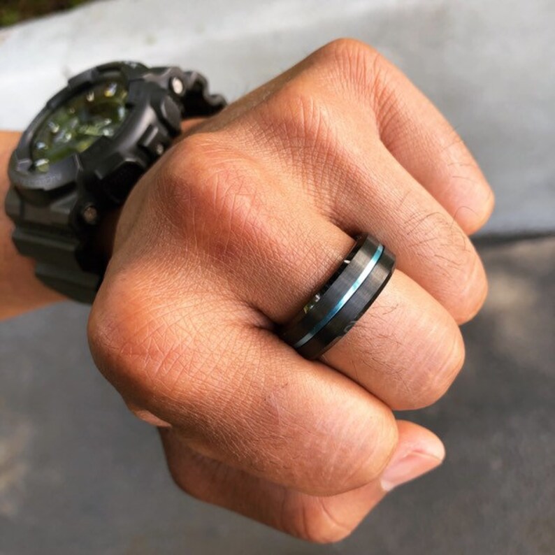 Free Personal Engraving UnityRingDesigns Men/'s Tungsten Ring Tungsten Ring Black Blue Thin Line Police Officers 8mm Wedding Band