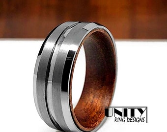 Men's Wedding Ring, Silver Tungsten Wood Ring Lined with Rosewood, Mens Wedding Band, Wood Ring, Real Wood Ring by Unity Ring Designs