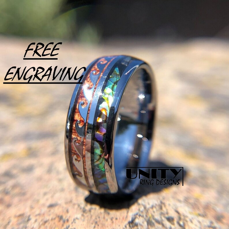 thumbnail image 2 of Tungsten Rings For Men Wedding Bands For Him Womens Wedding Bands For Her 6mm Real Wood Abalone Shell With Opal 2 of 10