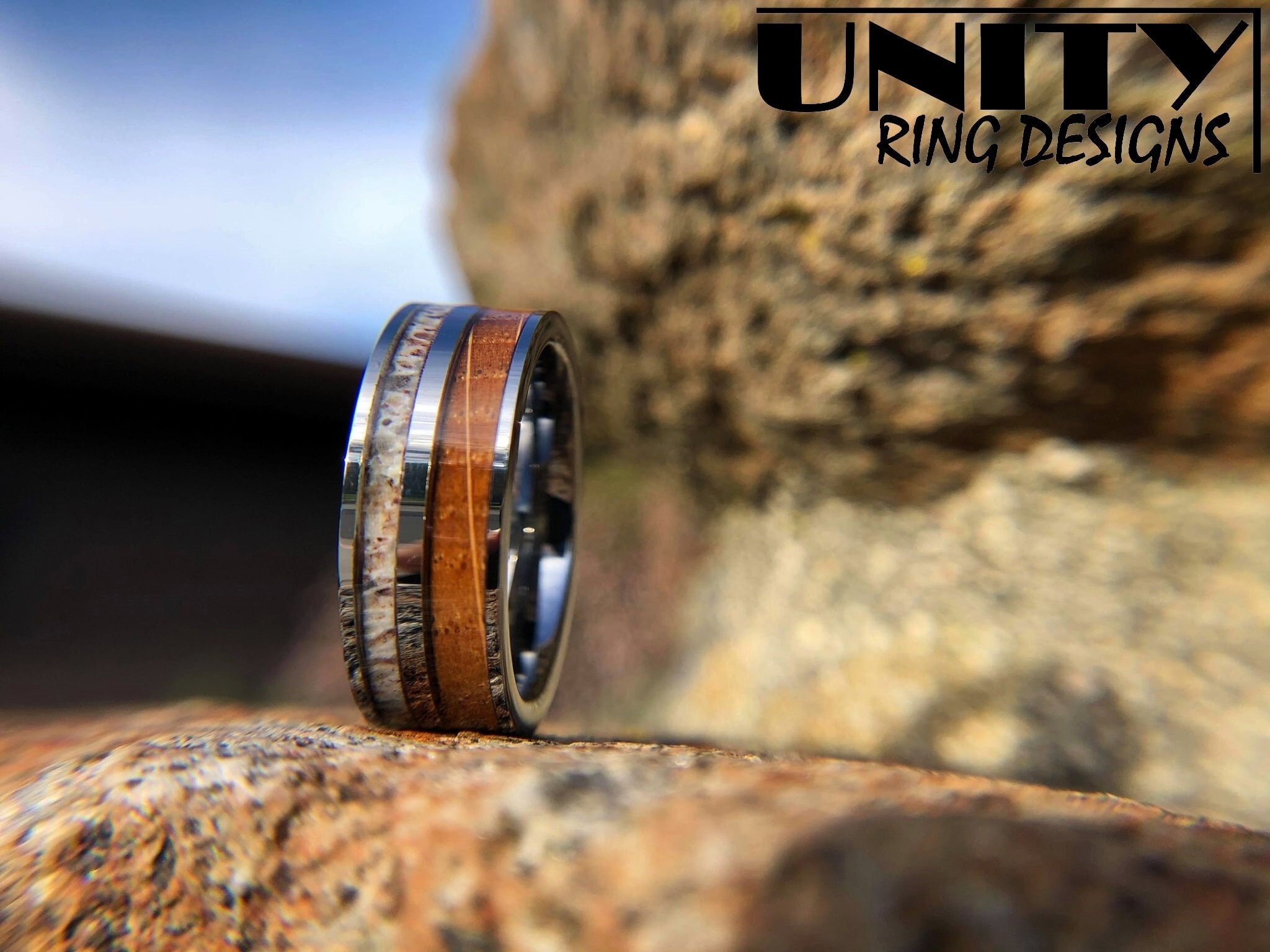 DEER ANTLER WHISKEY Barrel Tungsten Ring, 8mm Wood Ring, Gunmetal Black Tungsten Ring, Mens Tungsten Wedding Bands, Fast Priority Shipping