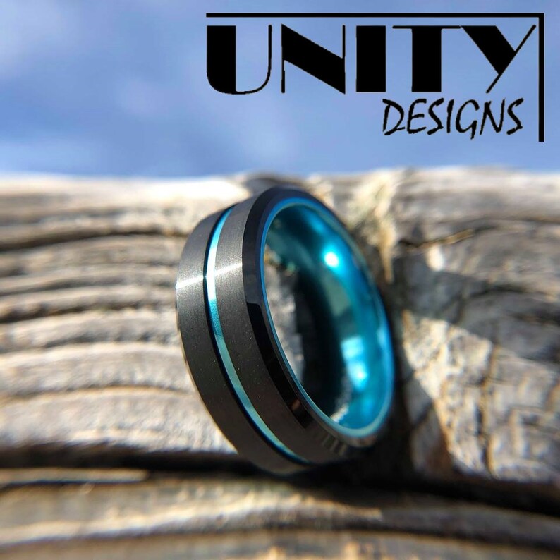Free Personal Engraving UnityRingDesigns Men/'s Tungsten Ring Tungsten Ring Black Blue Thin Line Police Officers 8mm Wedding Band