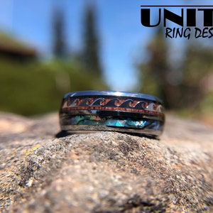 thumbnail image 2 of Tungsten Rings For Men Wedding Bands For Him Womens Wedding Bands For Her 6mm Real Wood Abalone Shell With Opal 2 of 10