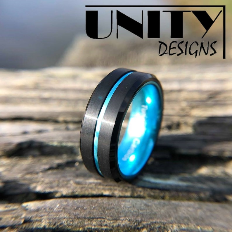 Free Personal Engraving UnityRingDesigns Men/'s Tungsten Ring Tungsten Ring Black Blue Thin Line Police Officers 8mm Wedding Band