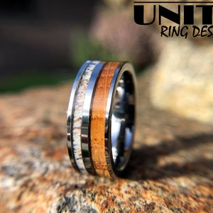 DEER ANTLER WHISKEY Barrel Wood Tungsten Ring, 8mm Whisky Wood Silver Polished Ring, Mens Tungsten Wedding Bands, Fast Priority Shipping image 6