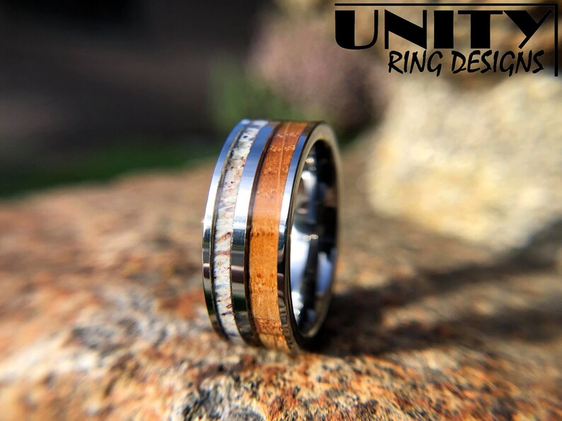 DEER ANTLER WHISKEY Barrel Wood Tungsten Ring, 8mm Whisky Wood Silver Polished Ring, Mens Tungsten Wedding Bands, Fast Priority Shipping image 6