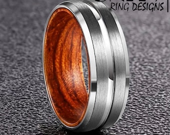 Men's Wedding Ring, Silver Tungsten Wood Ring Lined with Rosewood, Mens Wedding Band, Wood Ring, Real Wood Ring by Unity Ring Designs