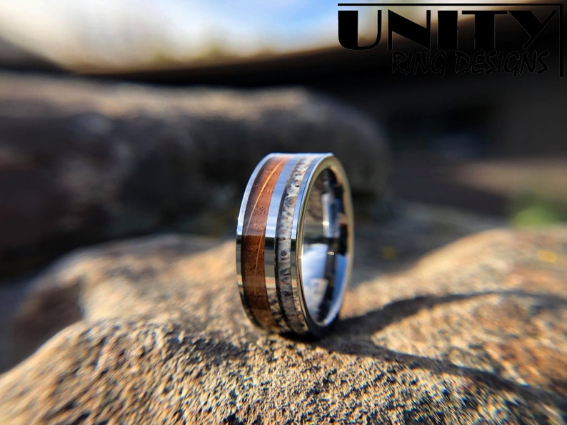 DEER ANTLER WHISKEY Barrel Wood Tungsten Ring, 8mm Whisky Wood Silver Polished Ring, Mens Tungsten Wedding Bands, Fast Priority Shipping image 7