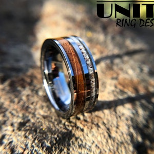 DEER ANTLER WHISKEY Barrel Wood Tungsten Ring, 8mm Whisky Wood Silver Polished Ring, Mens Tungsten Wedding Bands, Fast Priority Shipping image 3