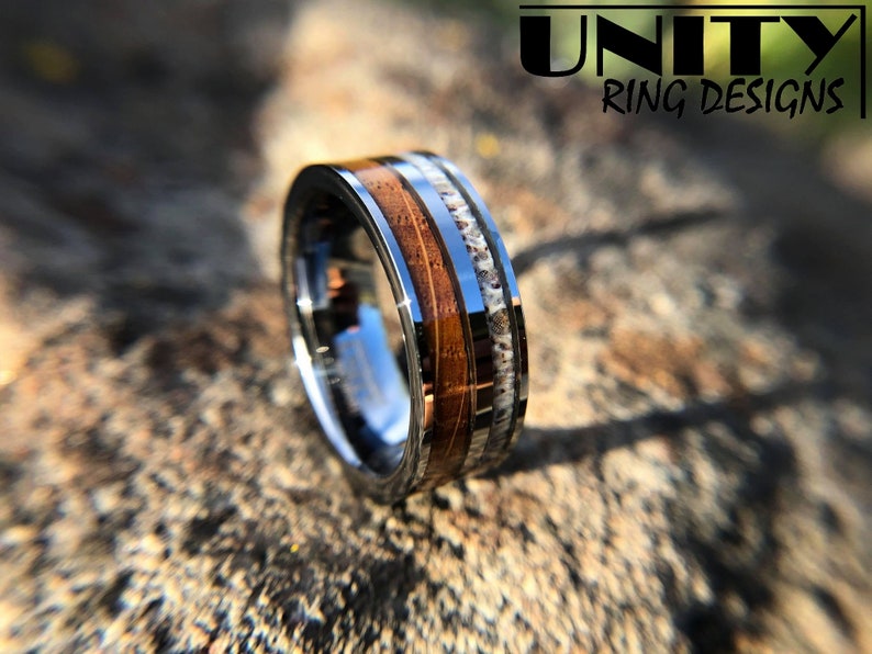 DEER ANTLER WHISKEY Barrel Wood Tungsten Ring, 8mm Whisky Wood Silver Polished Ring, Mens Tungsten Wedding Bands, Fast Priority Shipping image 3