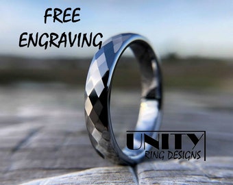 Silver Faceted Tungsten Ring 4mm , NEVER SCRATCH, Tungsten Ring, Tungsten Wedding Band, Women Tungsten Ring, By Unity Ring Designs