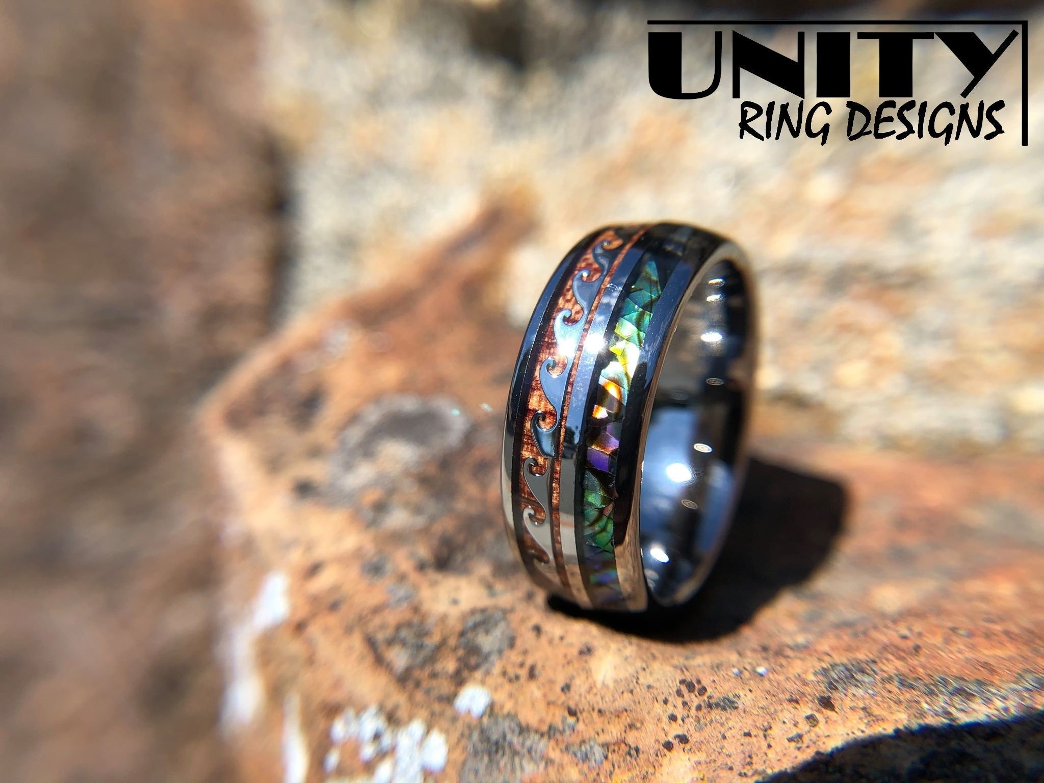 KOA WOOD ABALONE Tungsten Ring, Silver Tungsten Ring, Hawaiian Waves, Mens Wedding Bands, Mens Tungsten Ring, Fast Priority Shipping