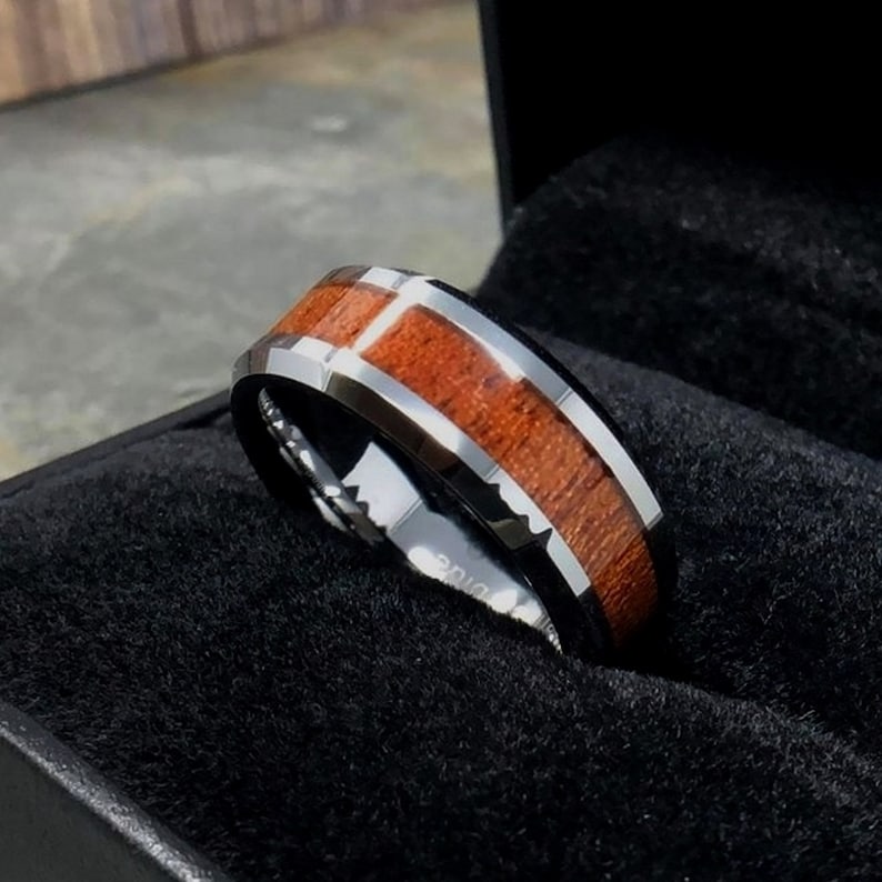 Mens Tungsten Ring Tungsten Ring Silver Tungsten Ring Real Koa Wood Tungsten Ring Mens Tungsten Wedding Bands UnityRingDesigns