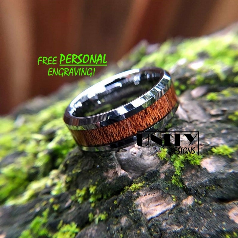 Mens Tungsten Ring Tungsten Ring Silver Tungsten Ring Real Koa Wood Tungsten Ring Mens Tungsten Wedding Bands UnityRingDesigns