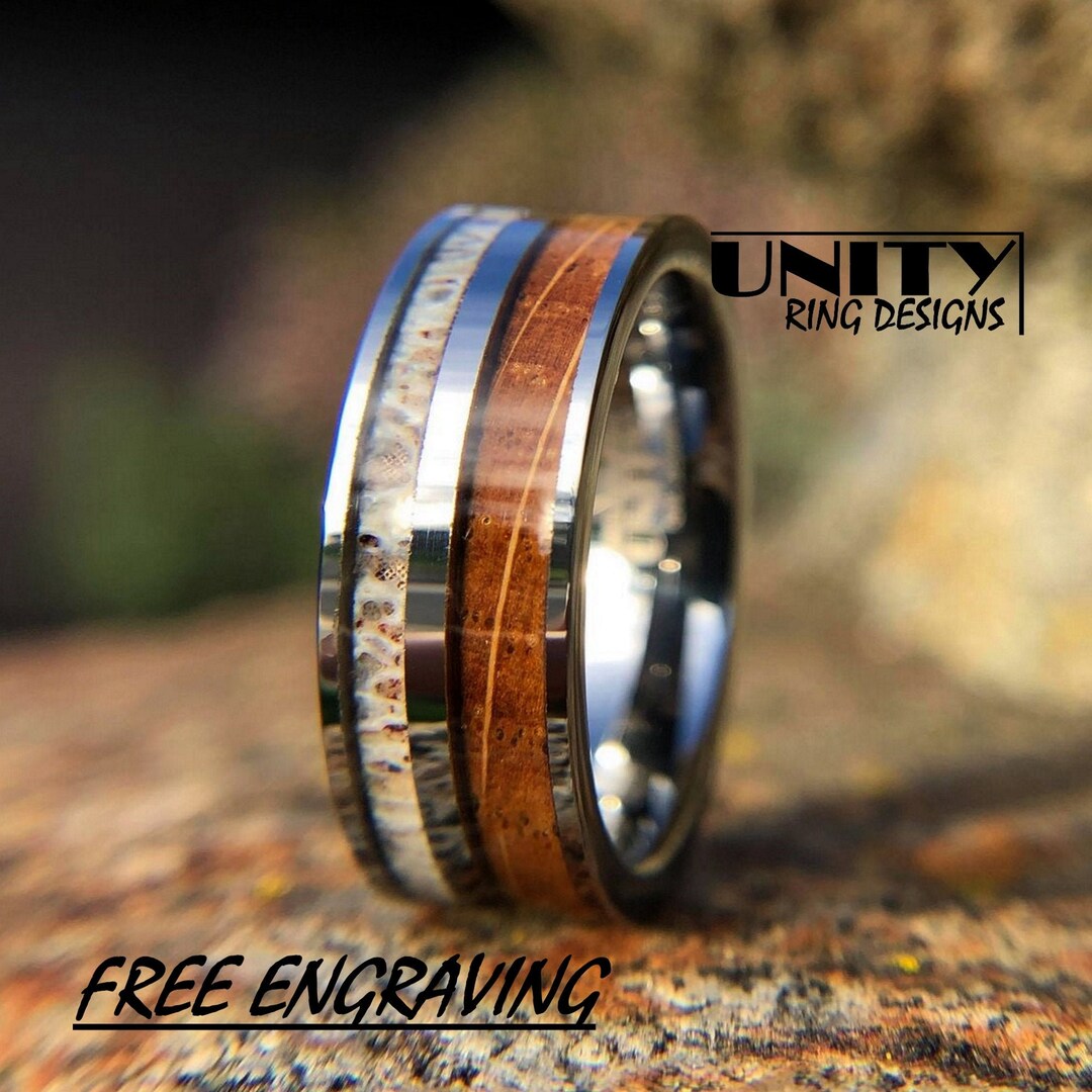 8mm Tungsten Carbide Wedding Band With Deer Antler & Whiskey Barrel Wood Inlay - ATOP Jewelry