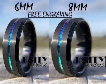 BLACK NEOCHROME Oil Slick Rainbow Line Tungsten Ring, 6MM or 8MM, Wedding Band Engagement Ring, Rings for Men Women, Free Engraving